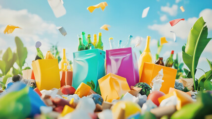 Fototapeta premium Colorful garbage pile on sunny day, surrounded by green plants and blue sky, showcasing various types of waste materials. scene evokes sense of environmental awareness and need for recycling