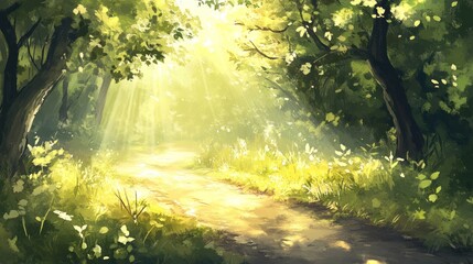Obraz premium A serene forest path illuminated by sunlight, inviting tranquility and exploration.