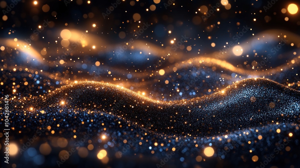Poster abstract waves of shimmering light and particles in dark space.