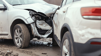 Damaged cars in an accident with crumpled metal and broken parts, showcasing the aftermath of a car crash.