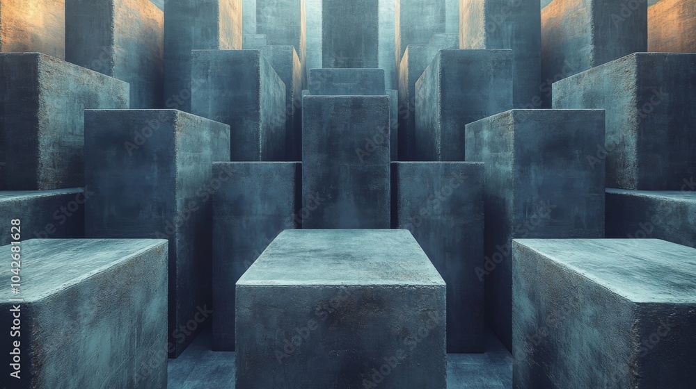 Poster concrete blocks create a unique staggered arrangement, reflecting the soft light of dawn, showcasing