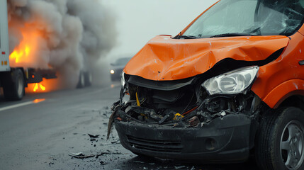 Damaged orange car in a road accident, with smoke and fire from a truck in the background, creating a dramatic scene of emergency.