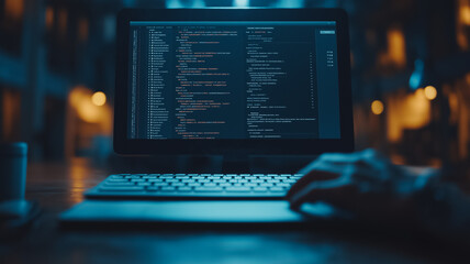 A computer screen with a keyboard and a person's hand on it. Concept of someone working on a computer, possibly typing or coding. Scene is focused and serious