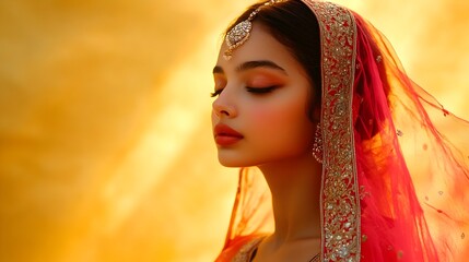 Passionate and Captivating Portrait of a Teenage Indian Girl Dressed in a Vibrant Traditional Bollywood Inspired Garment Against a Dramatic Amber Studio Backdrop