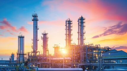 Chemical Plant at Sunrise in Wide Shot