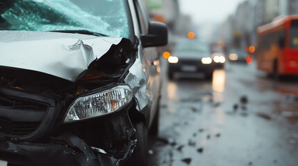 Naklejka premium Damaged vehicle after a collision, debris scattered on wet road, blurred cars in the background, urban environment, overcast weather.