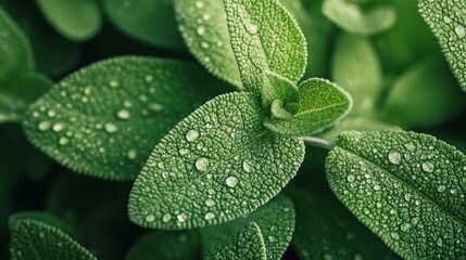 Fototapeta premium Close-up of Dewy Green Leaves with a Detailed Texture