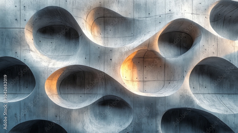 Poster A striking abstract concrete wall showcases various curved recesses, some illuminated by natural light, creating a captivating visual contrast and texture.