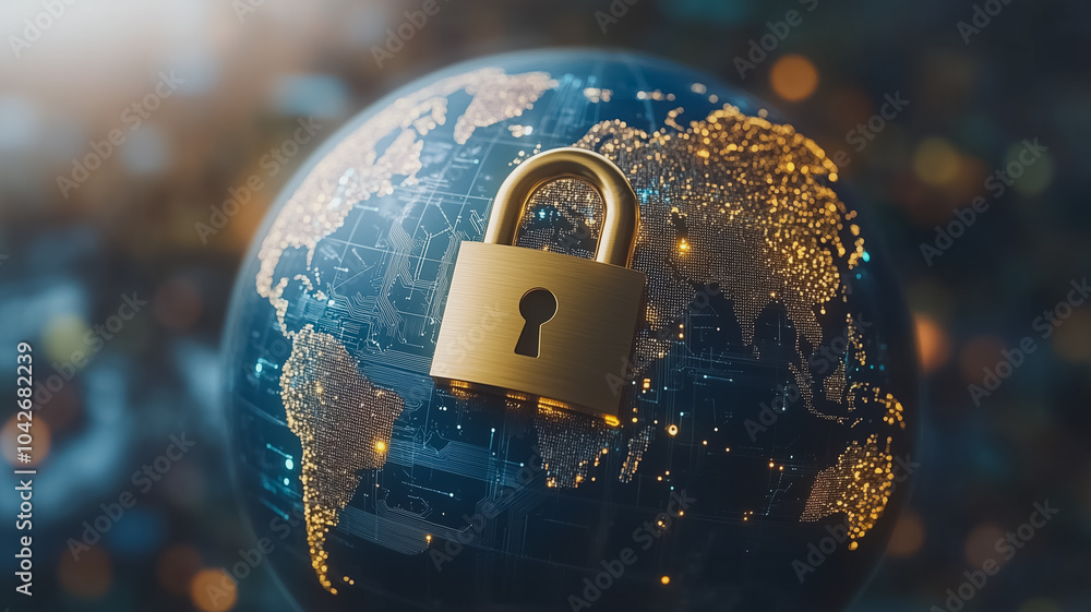 Poster a globe with a gold lock on it. the globe is surrounded by a dark background. the lock is positioned