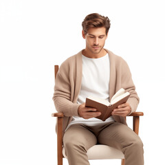 A young man sitting and reading a book.
