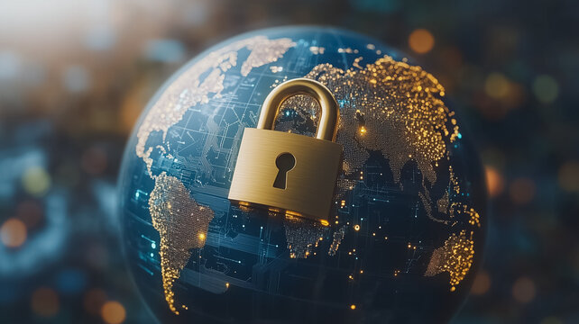 A globe with a gold lock on it. The globe is surrounded by a dark background. The lock is positioned in the center of the globe