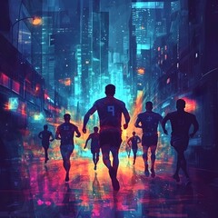 Energetic Sports Graphic with Powerful Silhouetted Athletes in Action Against Neon Lit Urban Landscape