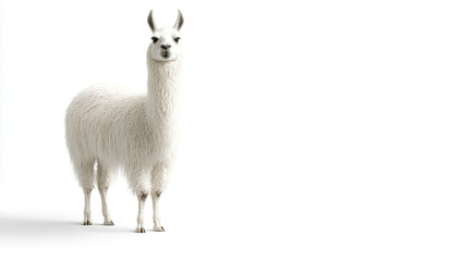 Fototapeta premium Portrait of a white llama lama glama isolated on white background. Panoramic banner with place for text