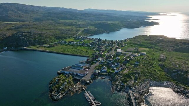 Drone overview of the Pykeija town, sunny, summer day in Bug&oslash;ynes, Norway