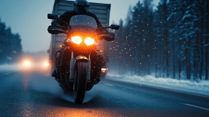 Motorcycle rides through snowy weather on an icy road, showcasing powerful headlights illuminating the path ahead in a winter landscape.