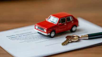 Red toy car placed on documents with keys and pen, representing vehicle ownership and vehicle purchase agreements.