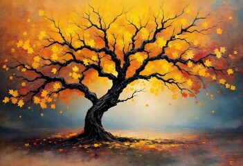 Colorful autumn tree with red and yellow autumn leaves. 3d illustration
