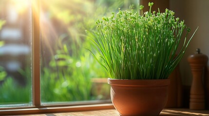 A potted plant with green leaves and white flowers by a window with sunlight streaming in.