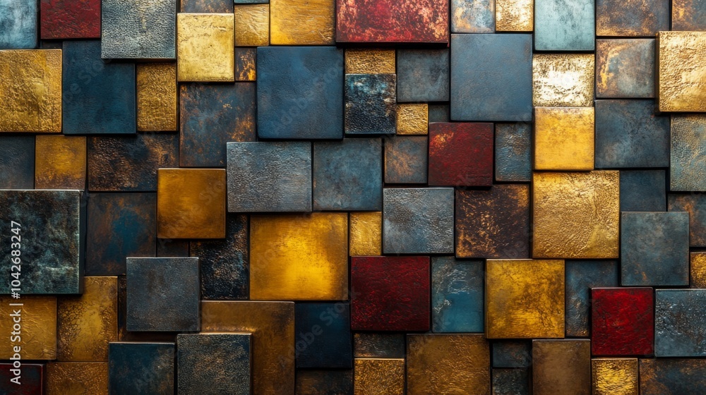 Poster this striking wall displays a captivating arrangement of metallic squares in various colors, creatin