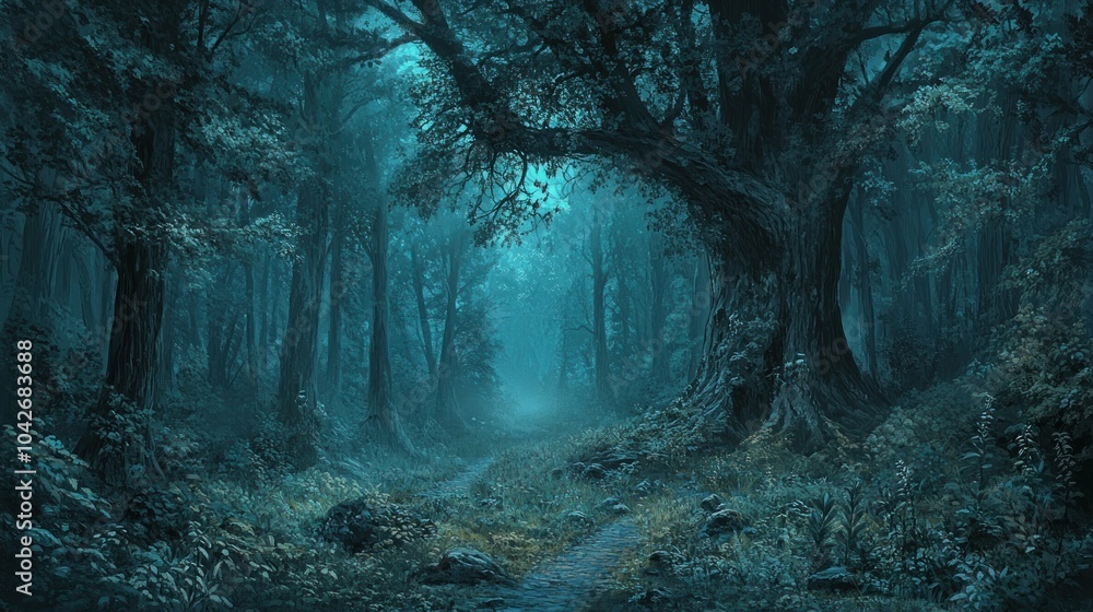 Poster a mysterious path winds through a dense, fog-filled forest, with towering trees creating a sense of 
