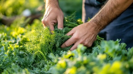 Close-up of Hands Gathering Fresh Green Herbs in a Garden