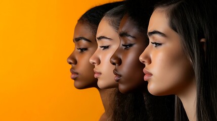 Group of young people of different ethnicities looking upset and emotional on a yellow background