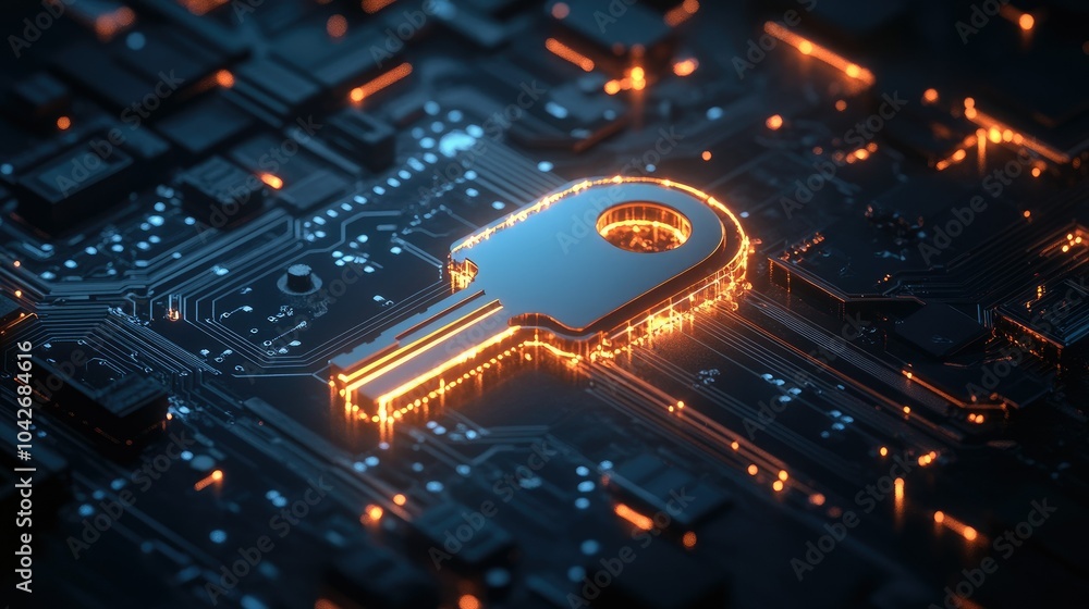 Poster a 3d key icon, set against a circuit background, symbolizing encryption and security in the digital 
