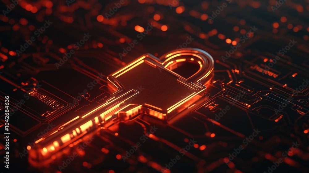 Poster a 3d key symbol against a circuit background, representing digital security and access in modern tec