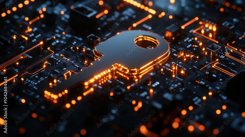 Poster a 3d key symbol against a circuit background, representing digital security and access in modern tec