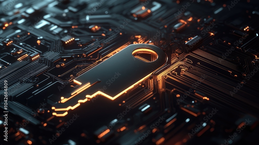 Poster a 3d key symbol against a circuit background, representing digital security and access in modern tec