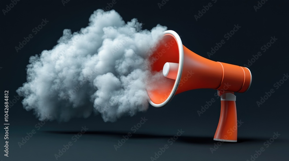 Aufkleber a 3d rendering of a megaphone with clouds emerging from it, set against a dark background. the desig
