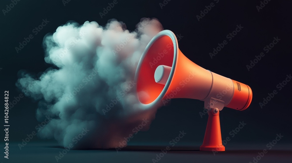 Aufkleber a 3d rendering of a megaphone with clouds emerging from it, set against a dark background. the desig