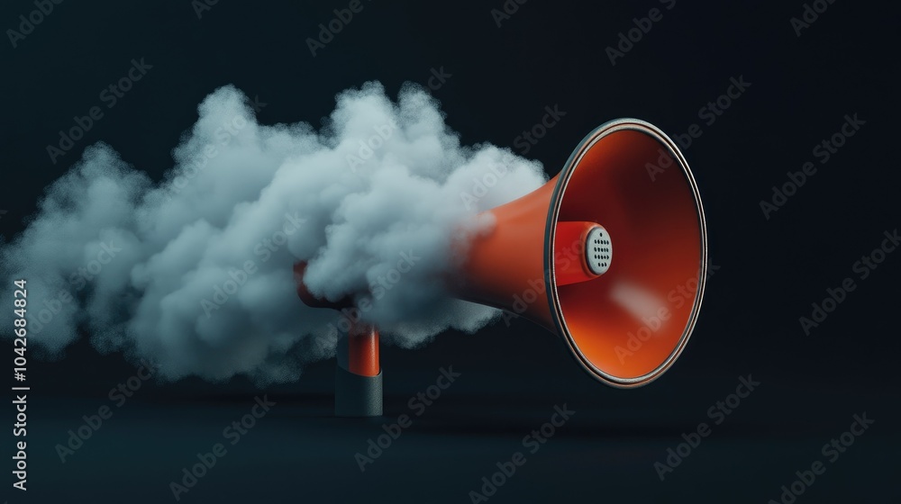 Poster a 3d rendering of a megaphone with clouds emerging from it, set against a dark background. the desig