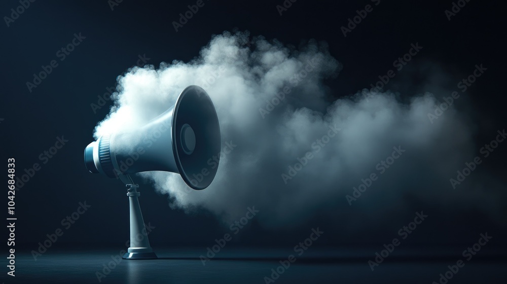 Aufkleber a 3d rendering of a megaphone with clouds emerging from it, set against a dark background. the desig