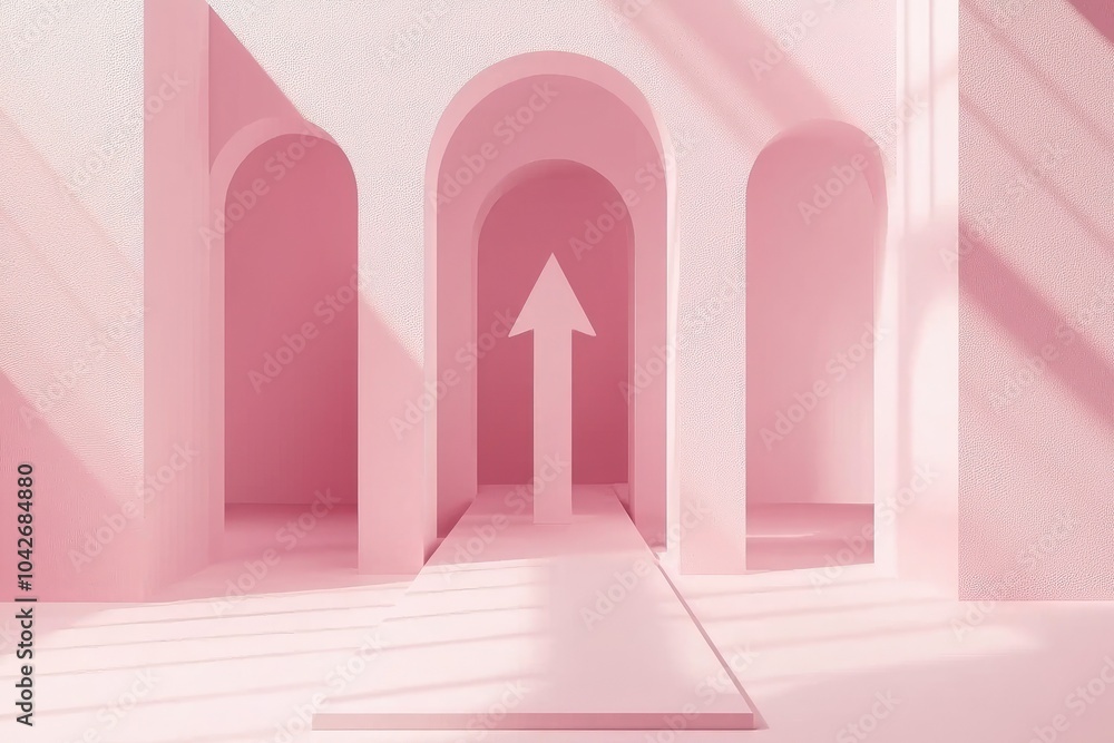 Wall mural abstract architecture with pink arches and an upward arrow against a soft background.