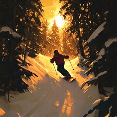 A lone skier descends a snow-covered mountain path, bathed in the golden light of the setting sun. The trees on either side frame the scene, creating a sense of depth and wonder.