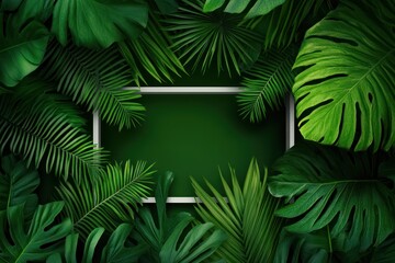A lush arrangement of green leaves framing a blank space for text or images.