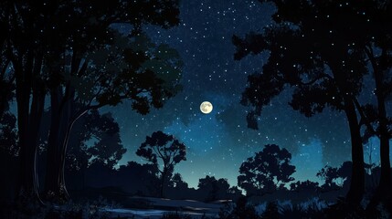 Naklejka premium A starry night sky over a silhouette of a forest, with a full moon shining bright.