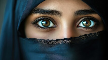 Naklejka premium A beautiful veiled woman with intense, piercing eyes. Her hidden face adds to the mystery, while her gaze captivates the viewer.
