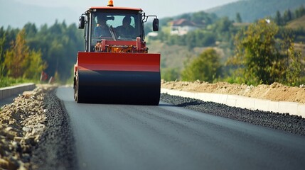 Road Construction with Roller Compactor