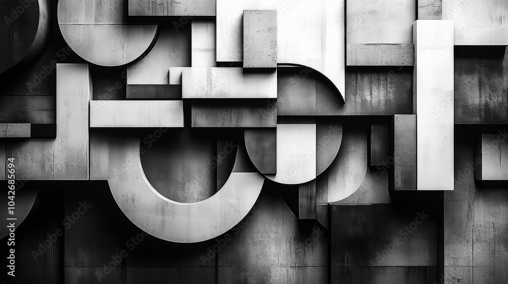 Poster An intricate composition of geometric shapes and lines in shades of black and white creates an abstract design against a textured backdrop, highlighting contrast and form.
