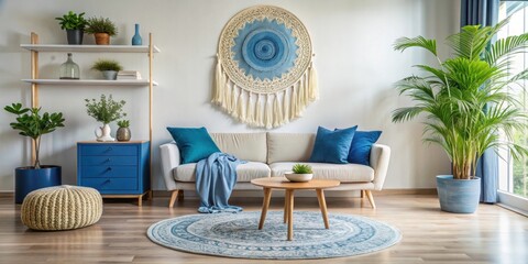 Cozy living room with blue rug, round wall hanging, pillows, and potted plant, home decor, interior design, comfortable