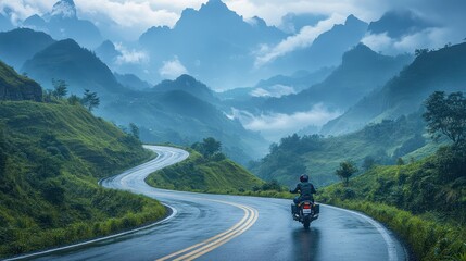 A motorcyclist on a winding mountain road with lush green hills.