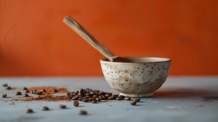 Against a lively backdrop a glazed bowl and a bespoke reed espresso stir are split