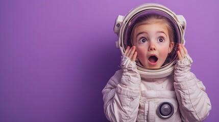 Amazed and Astonished Expression of a Canadian Preteen Child Wearing a Futuristic Space Suit in a Studio Lighting Setup on a Plain Violet Background