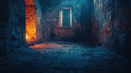 Obraz premium A cold, isolated dungeon room with rough stone walls and floor, barely lit by fire torches. The atmosphere is damp and unsettling.
