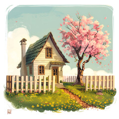 Cartoon style drawing of a small house with a white fence and pink sakura in the gardewn.