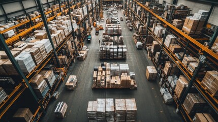 Naklejka premium An expansive industrial warehouse packed to capacity with a diverse array of products and materials, illustrating the intricate web of global supply chains, photography style