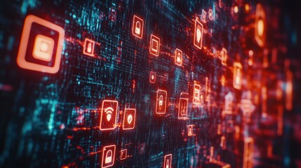 Abstract digital background with glowing icons representing technology and connectivity.