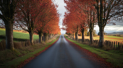 Naklejka premium A peaceful image of a countryside road lined with trees, their leaves turning fiery red and orange in autumn.